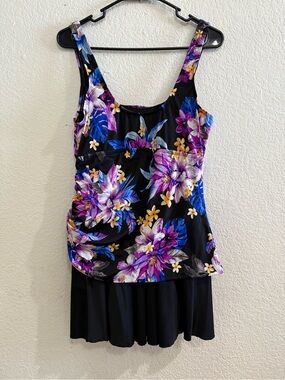 Rose Marie Reid Skirted Black Floral Swim dress Large